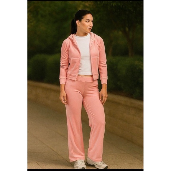 Juicy Couture Velour Tracksuit flamingo Pink Rhinestone Hoodie Pants Set Small - Picture 2 of 10